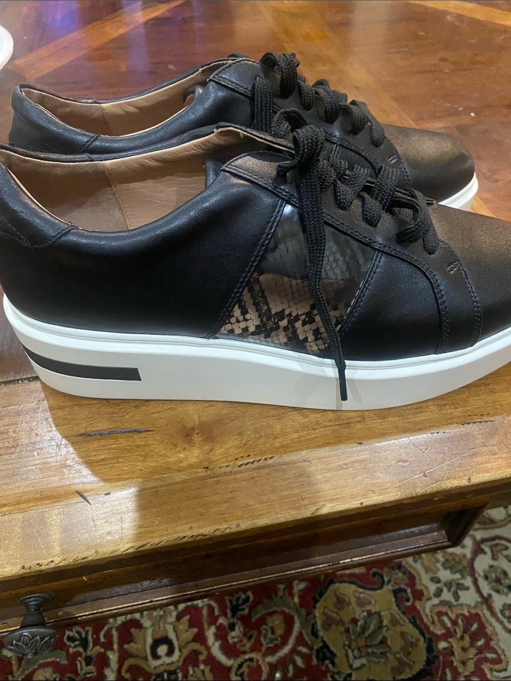 Paolo Black Leather Platform Sneakers w/White Soles and clear Snake-Print Accent